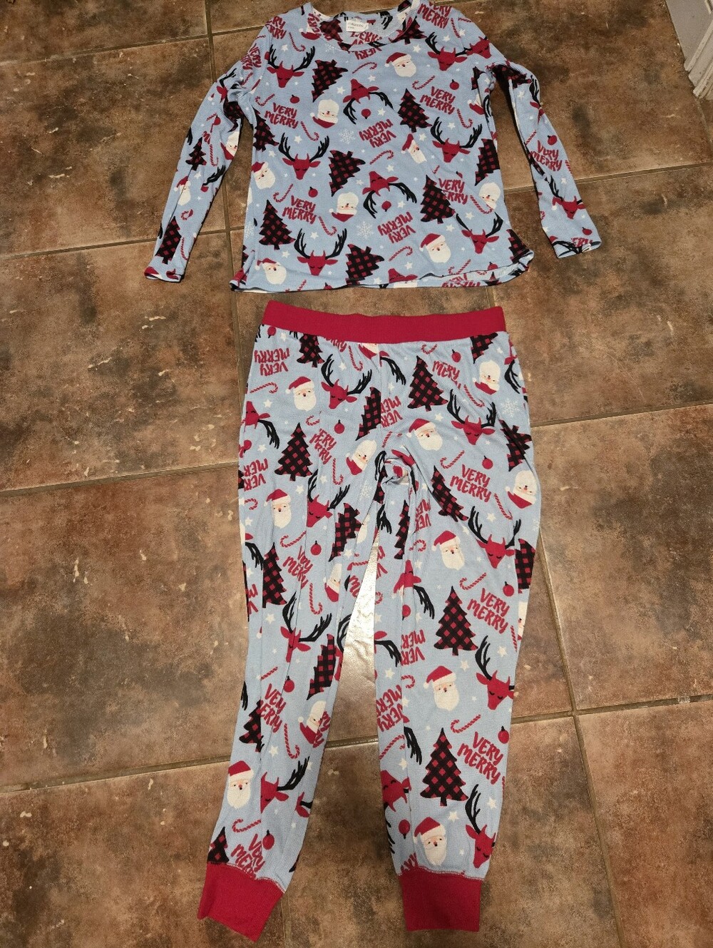 Womens Maurices Holiday Santa & Reindeer Blue Pajama Set